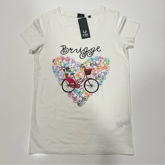 White T-Shirt with Bicycle Heart Design - Picture 1 of 3